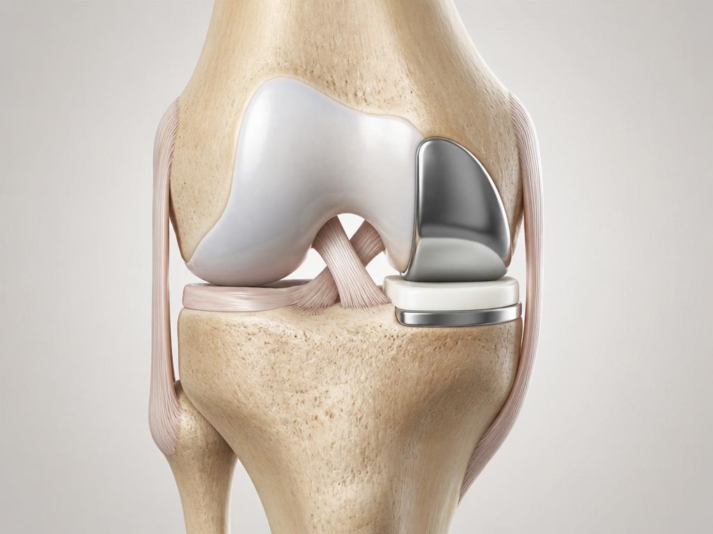 Anatomical illustration of a medial unicompartmental knee replacement: the medial compartment is resurfaced with a metal and plastic implant while the ACL, PCL, and collateral ligaments remain preserved