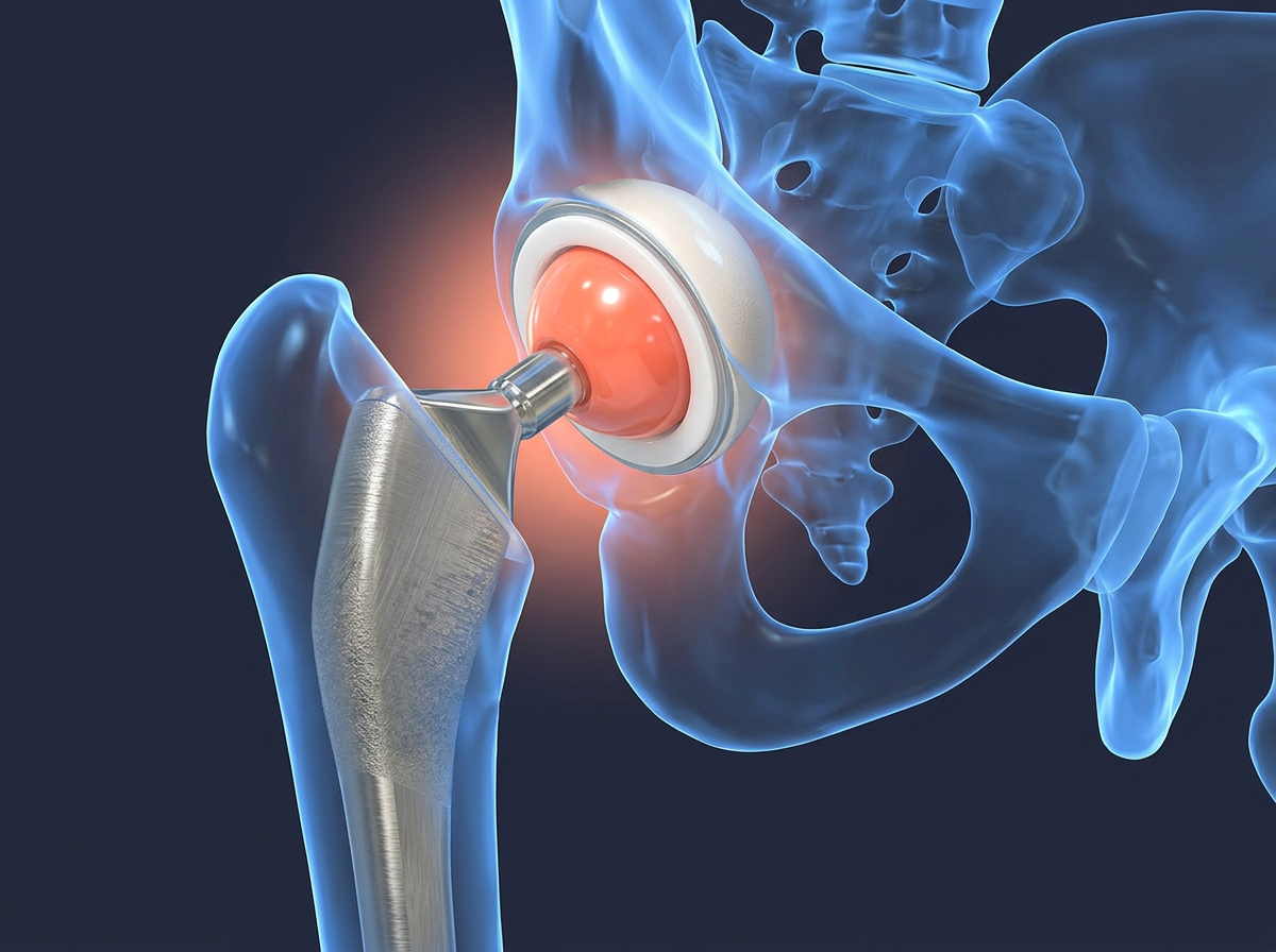 3D medical illustration of a total hip replacement implant
